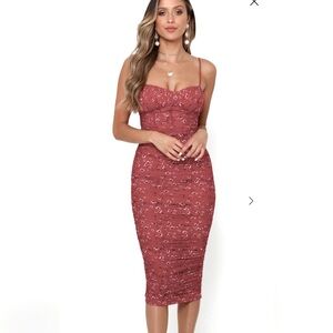 Hello Molly Rust Red Floral Midi Stretch Dress with Ruching Size 6